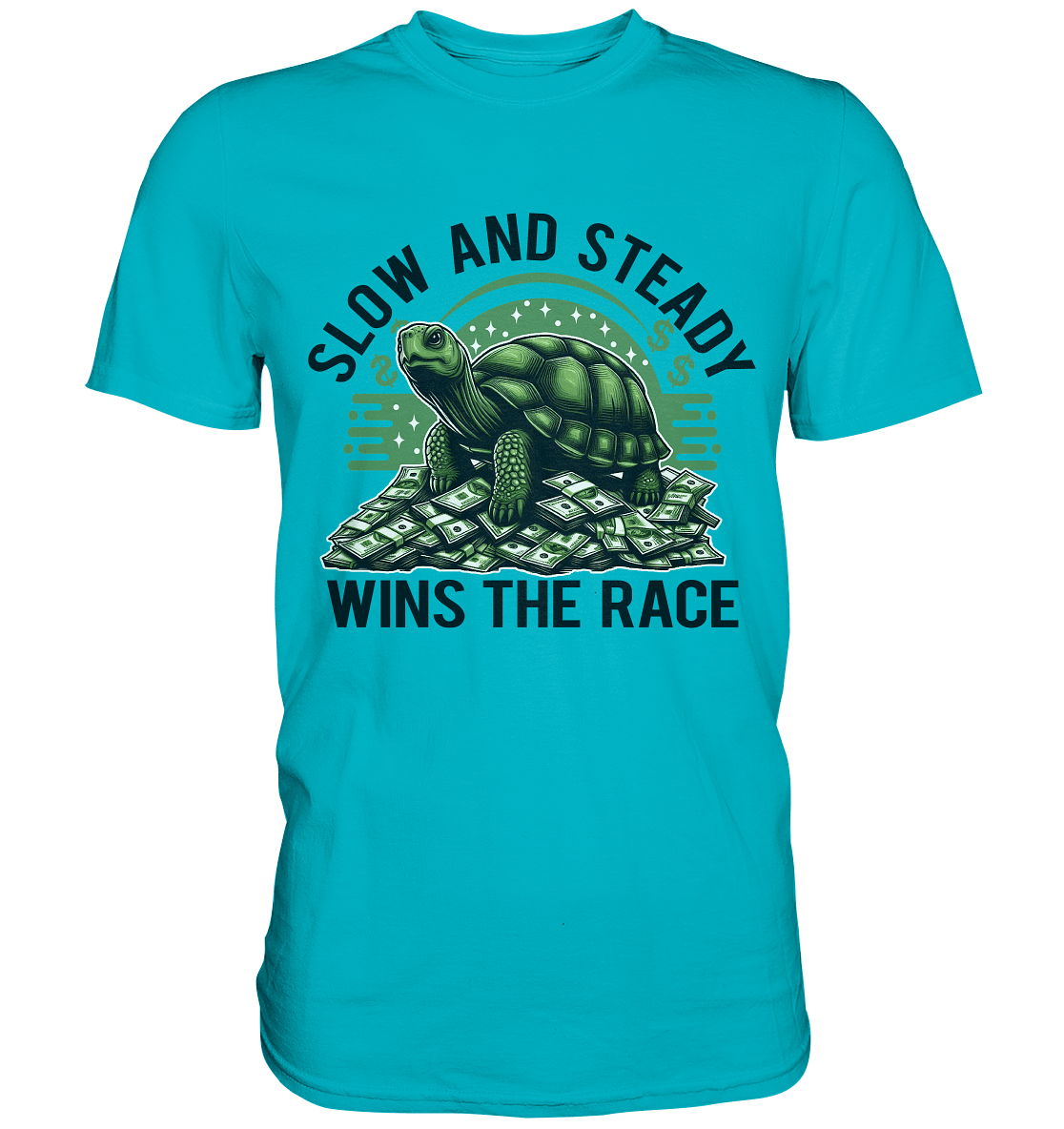 Slow and Steady Wins the Race – Schildkröte auf Geldstapel - Premium Shirt - FaunaFeels Onlineshop Unisex - Shirts