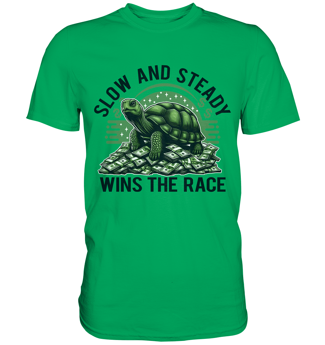 Slow and Steady Wins the Race – Schildkröte auf Geldstapel - Premium Shirt - FaunaFeels Onlineshop Unisex - Shirts