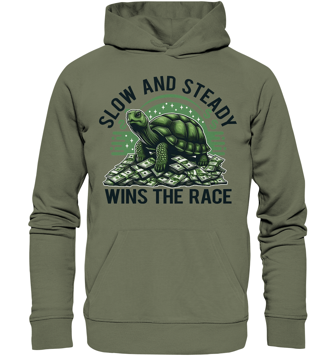 Slow and Steady Wins the Race – Schildkröte auf Geldstapel - Premium Unisex Hoodie - FaunaFeels Onlineshop Hoodies