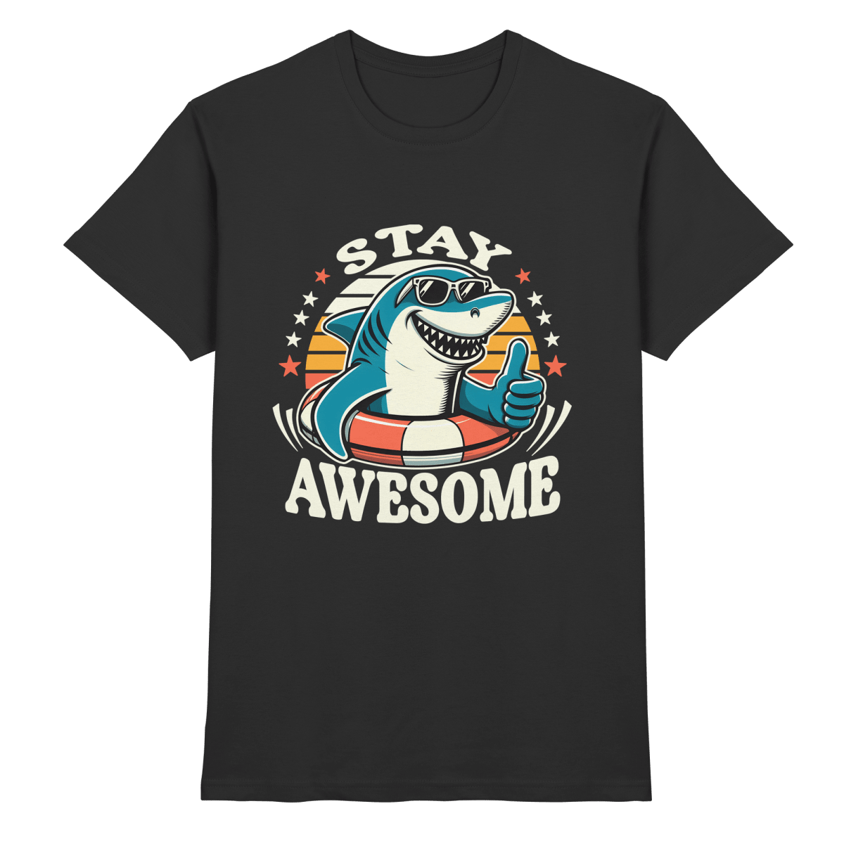 Stay Awesome – Cooler Hai mit Sonnenbrille und Schwimmring für Sommerlaune - Heavy Cotton T-Shirt - FaunaFeels Onlineshop Unisex - Shirts