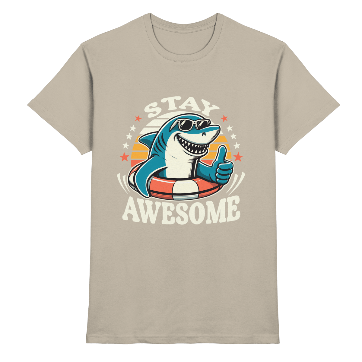 Stay Awesome – Cooler Hai mit Sonnenbrille und Schwimmring für Sommerlaune - Heavy Cotton T-Shirt - FaunaFeels Onlineshop Unisex - Shirts