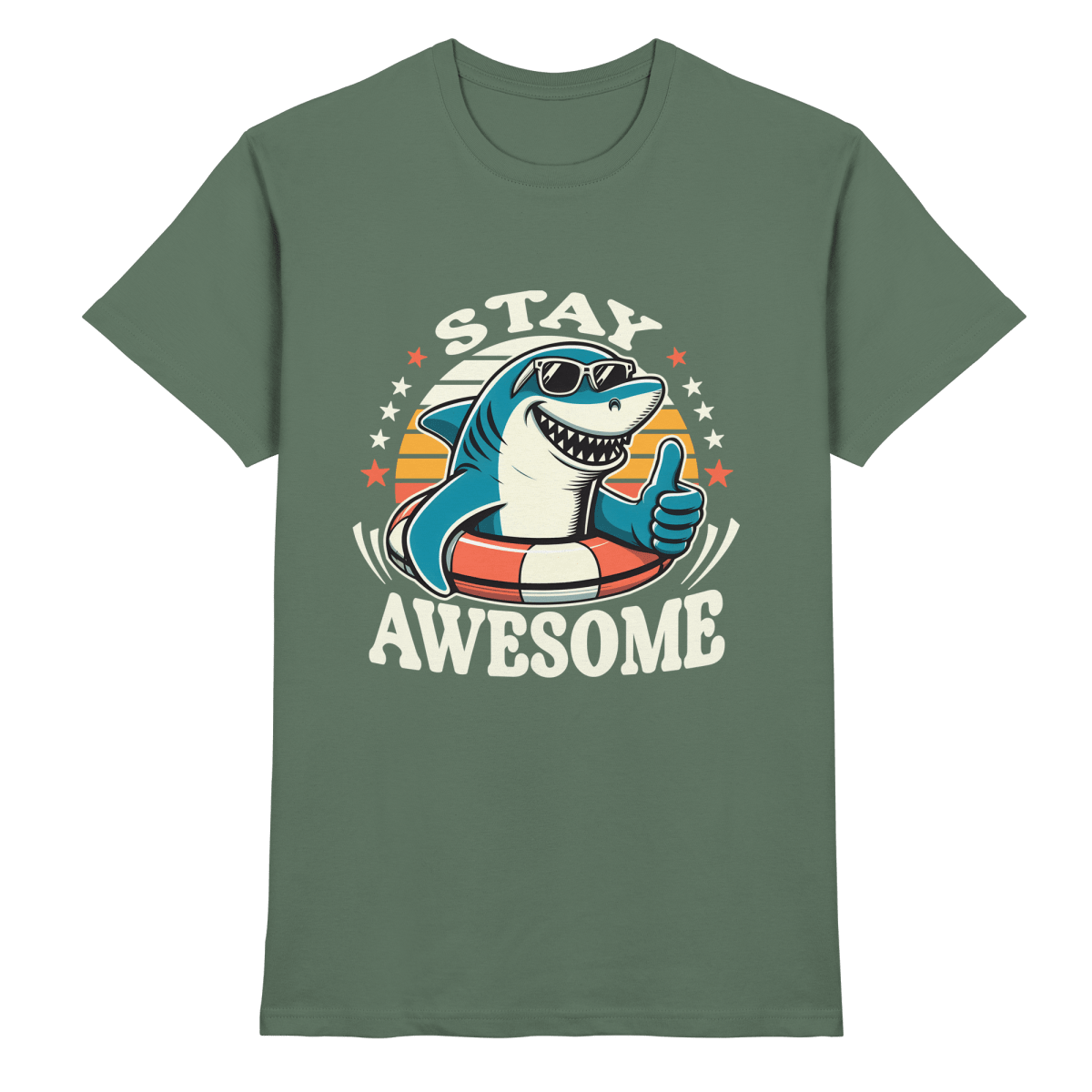 Stay Awesome – Cooler Hai mit Sonnenbrille und Schwimmring für Sommerlaune - Heavy Cotton T-Shirt - FaunaFeels Onlineshop Unisex - Shirts