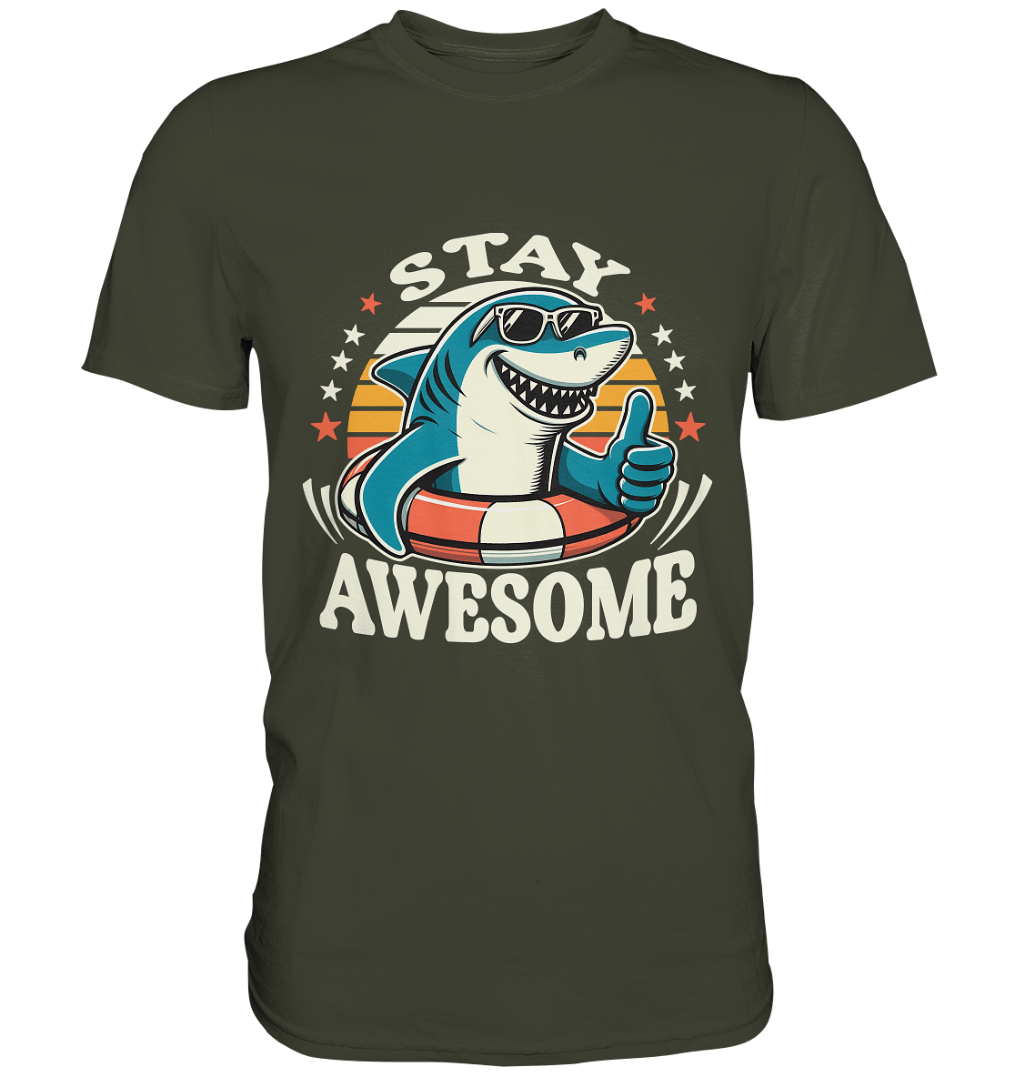 Stay Awesome – Cooler Hai mit Sonnenbrille und Schwimmring für Sommerlaune - Premium Shirt - FaunaFeels Onlineshop Unisex - Shirts