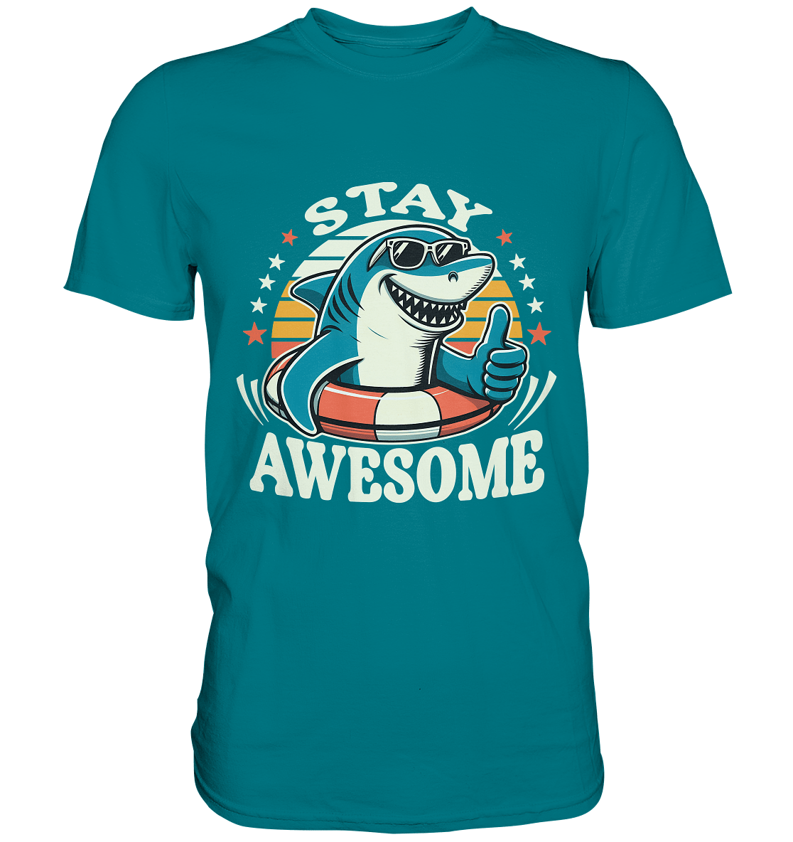 Stay Awesome – Cooler Hai mit Sonnenbrille und Schwimmring für Sommerlaune - Premium Shirt - FaunaFeels Onlineshop Unisex - Shirts