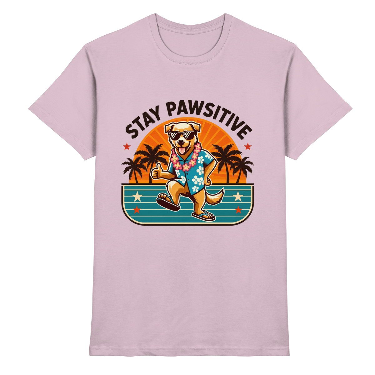 Stay Pawsitive – Lustiges Hundemotiv mit Sonnenbrille, Hawaiihemd und Palmen für gute Laune - Heavy Cotton T-Shirt - FaunaFeels Onlineshop Unisex - Shirts