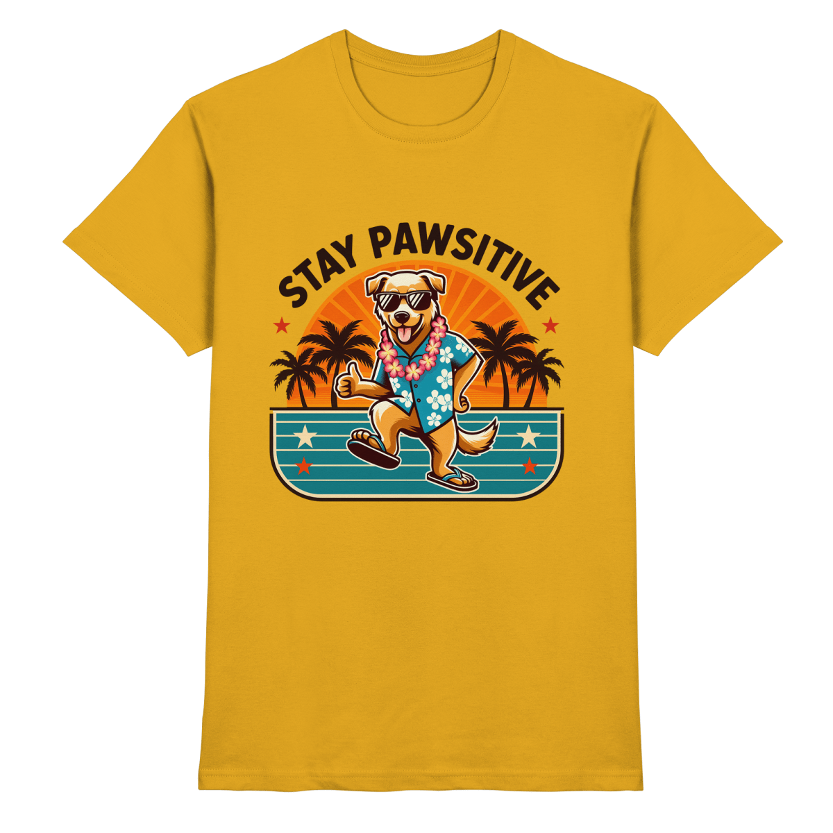 Stay Pawsitive – Lustiges Hundemotiv mit Sonnenbrille, Hawaiihemd und Palmen für gute Laune - Heavy Cotton T-Shirt - FaunaFeels Onlineshop Unisex - Shirts
