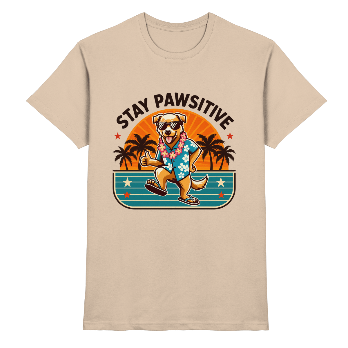 Stay Pawsitive – Lustiges Hundemotiv mit Sonnenbrille, Hawaiihemd und Palmen für gute Laune - Heavy Cotton T-Shirt - FaunaFeels Onlineshop Unisex - Shirts