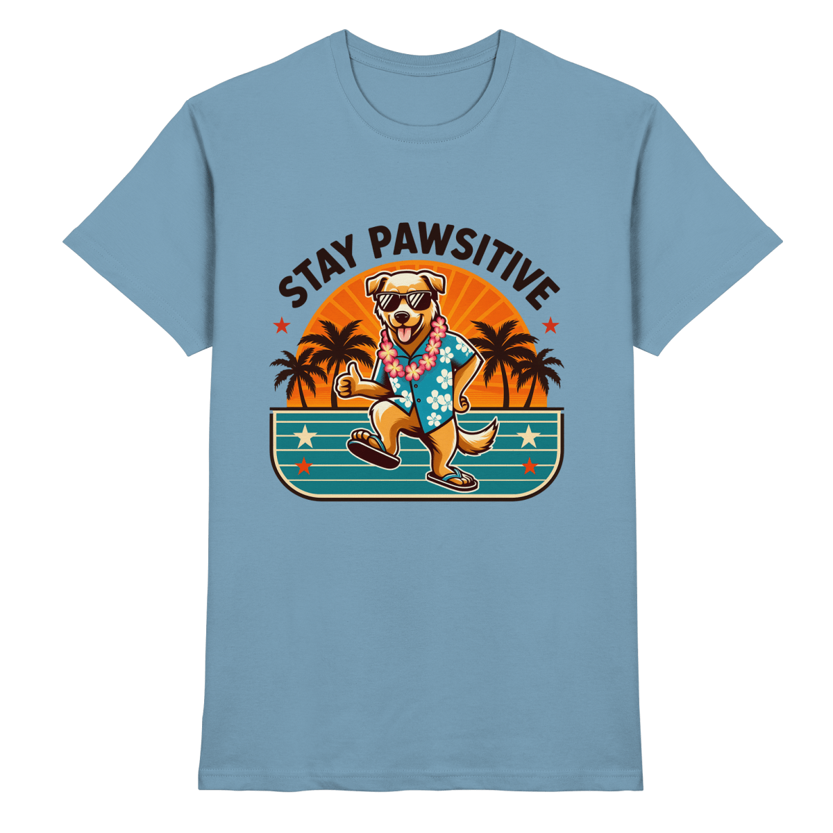 Stay Pawsitive – Lustiges Hundemotiv mit Sonnenbrille, Hawaiihemd und Palmen für gute Laune - Heavy Cotton T-Shirt - FaunaFeels Onlineshop Unisex - Shirts