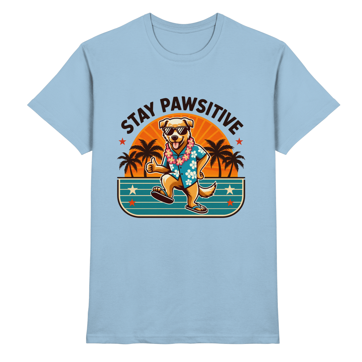 Stay Pawsitive – Lustiges Hundemotiv mit Sonnenbrille, Hawaiihemd und Palmen für gute Laune - Heavy Cotton T-Shirt - FaunaFeels Onlineshop Unisex - Shirts