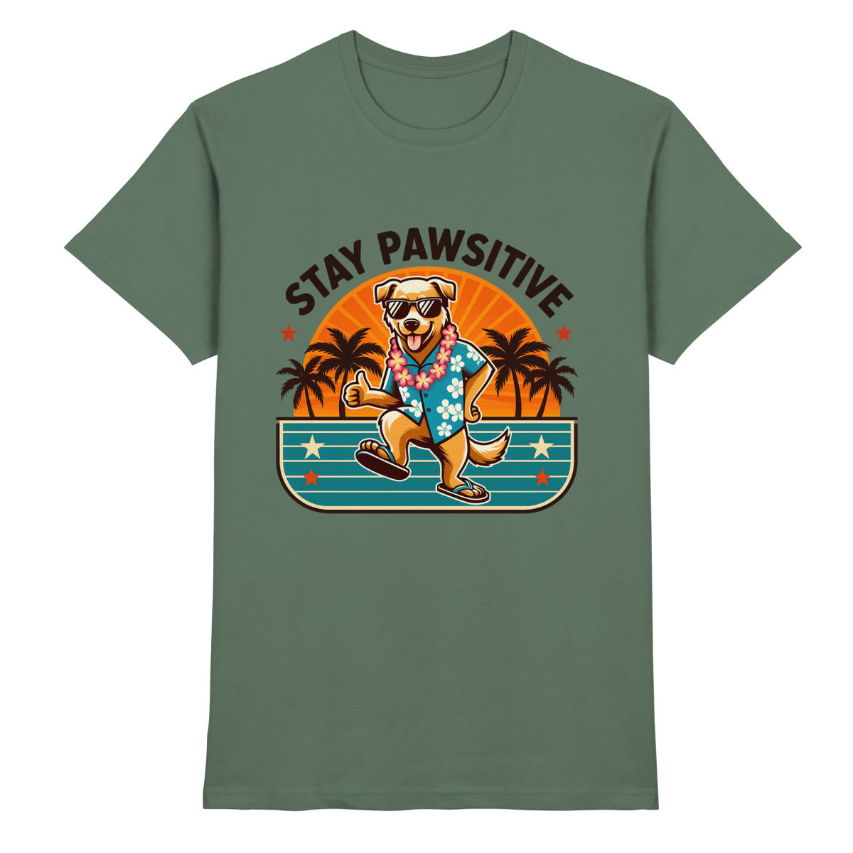 Stay Pawsitive – Lustiges Hundemotiv mit Sonnenbrille, Hawaiihemd und Palmen für gute Laune - Heavy Cotton T-Shirt - FaunaFeels Onlineshop Unisex - Shirts
