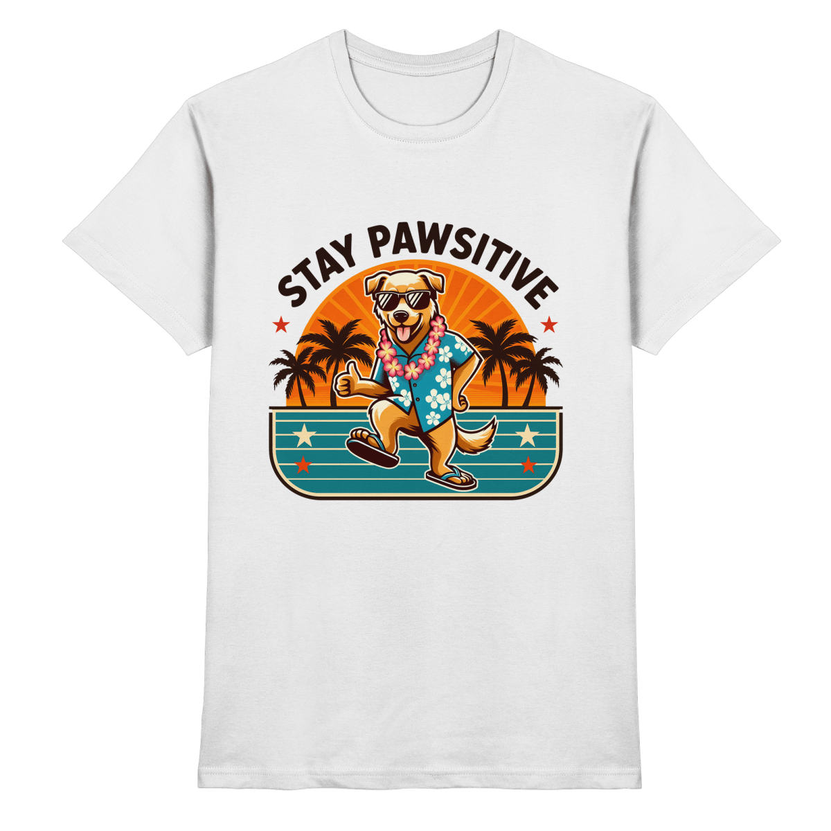 Stay Pawsitive – Lustiges Hundemotiv mit Sonnenbrille, Hawaiihemd und Palmen für gute Laune - Heavy Cotton T-Shirt - FaunaFeels Onlineshop Unisex - Shirts