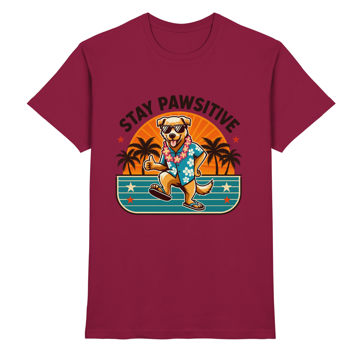 Stay Pawsitive – Lustiges Hundemotiv mit Sonnenbrille, Hawaiihemd und Palmen für gute Laune - Heavy Cotton T-Shirt - FaunaFeels Onlineshop Unisex - Shirts