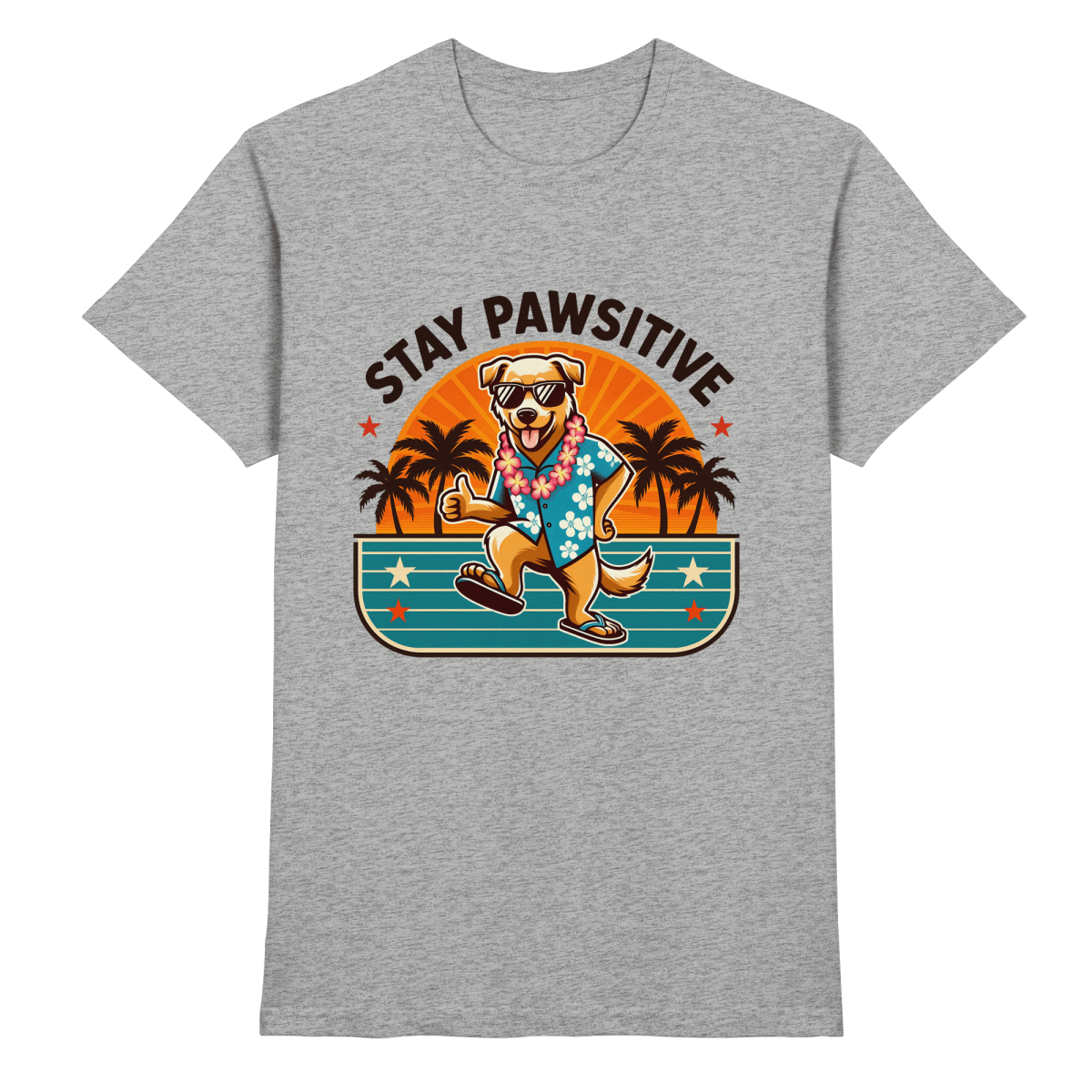 Stay Pawsitive – Lustiges Hundemotiv mit Sonnenbrille, Hawaiihemd und Palmen für gute Laune - Heavy Cotton T-Shirt - FaunaFeels Onlineshop Unisex - Shirts
