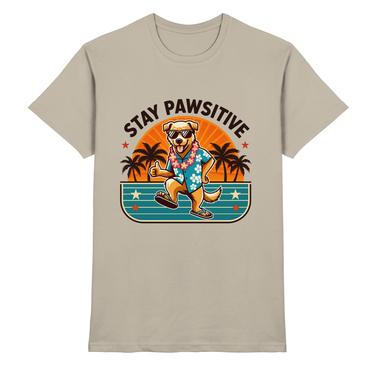 Stay Pawsitive – Lustiges Hundemotiv mit Sonnenbrille, Hawaiihemd und Palmen für gute Laune - Heavy Cotton T-Shirt - FaunaFeels Onlineshop Unisex - Shirts