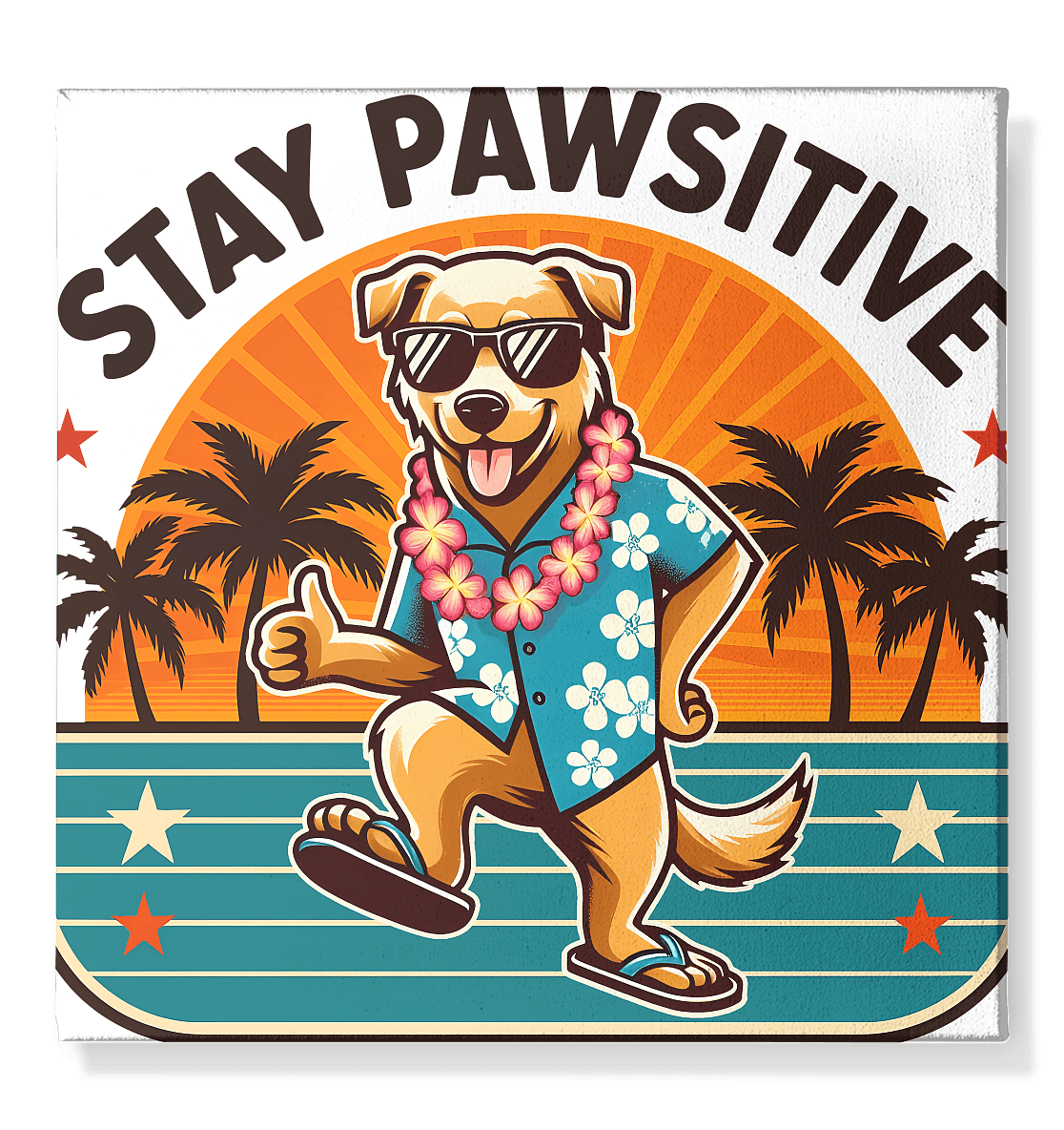 Stay Pawsitive – Lustiges Hundemotiv mit Sonnenbrille, Hawaiihemd und Palmen für gute Laune - Leinwand 50x50cm - FaunaFeels Onlineshop Wall Art
