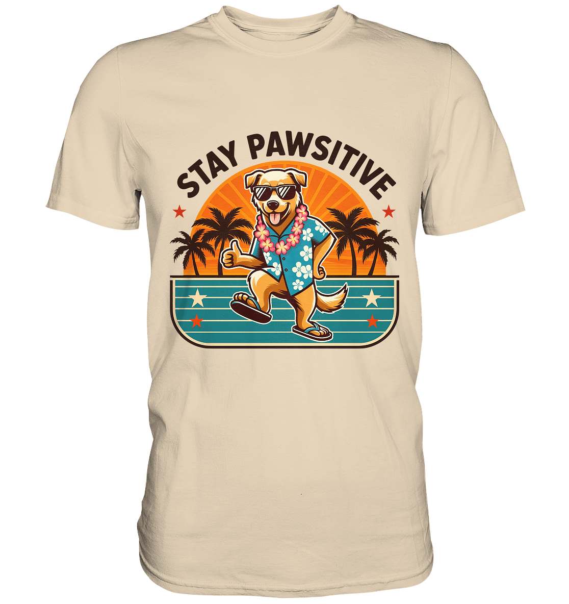 Stay Pawsitive – Lustiges Hundemotiv mit Sonnenbrille, Hawaiihemd und Palmen für gute Laune - Premium Shirt - FaunaFeels Onlineshop Unisex - Shirts