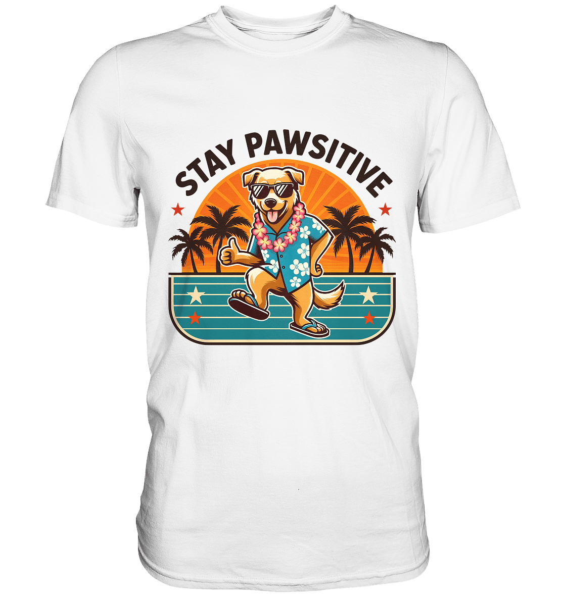 Stay Pawsitive – Lustiges Hundemotiv mit Sonnenbrille, Hawaiihemd und Palmen für gute Laune - Premium Shirt - FaunaFeels Onlineshop Unisex - Shirts