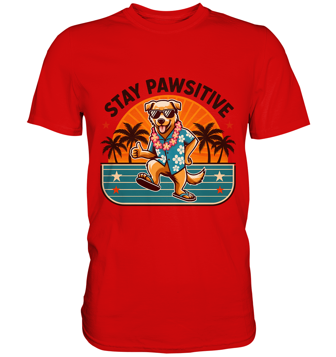Stay Pawsitive – Lustiges Hundemotiv mit Sonnenbrille, Hawaiihemd und Palmen für gute Laune - Premium Shirt - FaunaFeels Onlineshop Unisex - Shirts