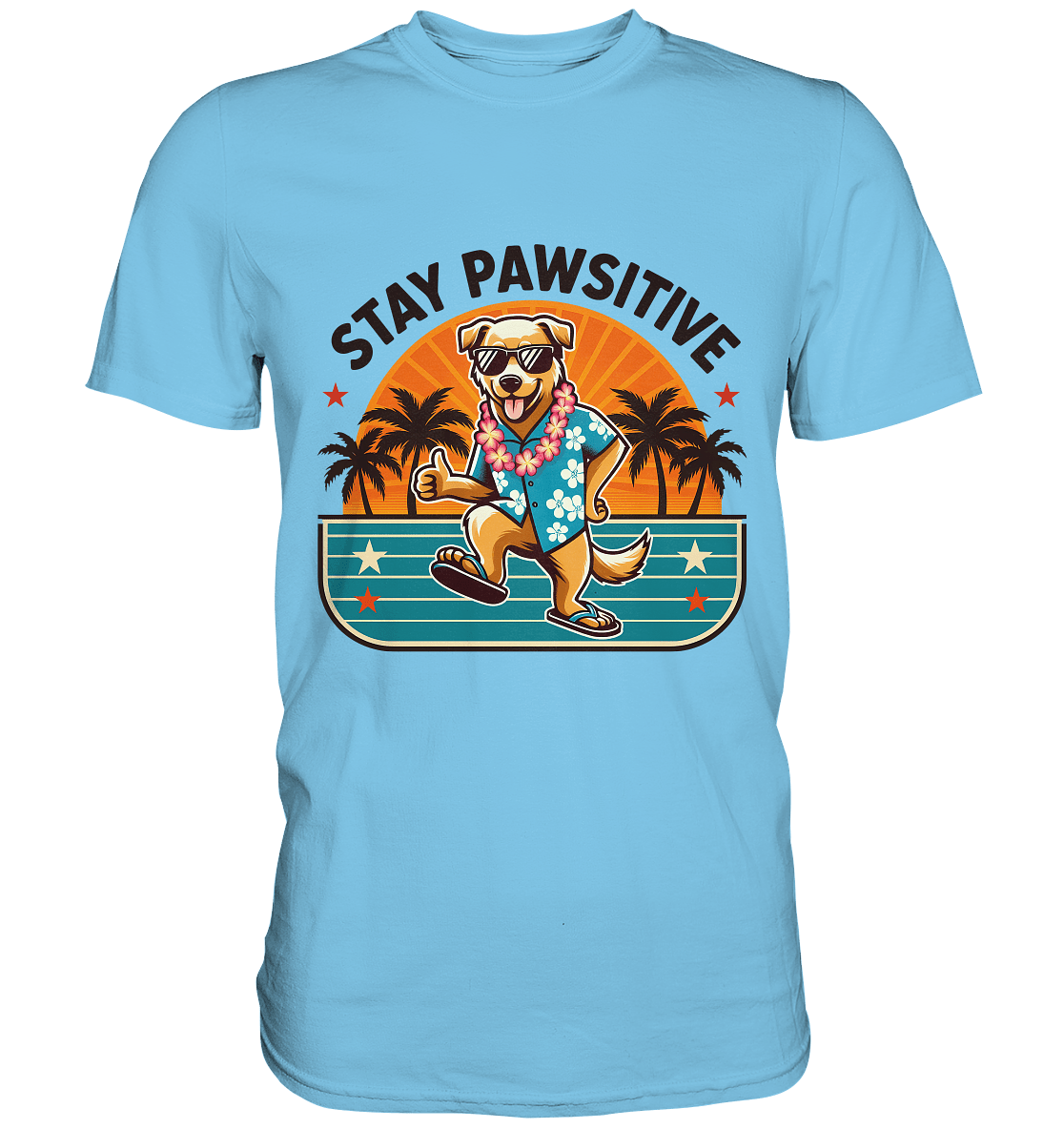 Stay Pawsitive – Lustiges Hundemotiv mit Sonnenbrille, Hawaiihemd und Palmen für gute Laune - Premium Shirt - FaunaFeels Onlineshop Unisex - Shirts