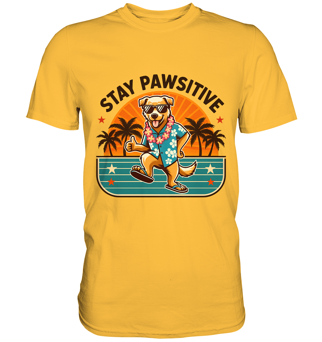 Stay Pawsitive – Lustiges Hundemotiv mit Sonnenbrille, Hawaiihemd und Palmen für gute Laune - Premium Shirt - FaunaFeels Onlineshop Unisex - Shirts