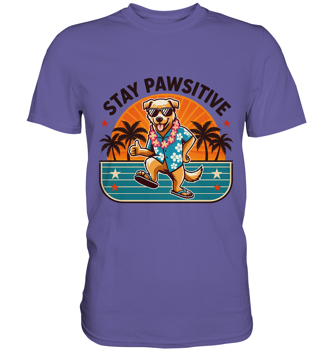 Stay Pawsitive – Lustiges Hundemotiv mit Sonnenbrille, Hawaiihemd und Palmen für gute Laune - Premium Shirt - FaunaFeels Onlineshop Unisex - Shirts