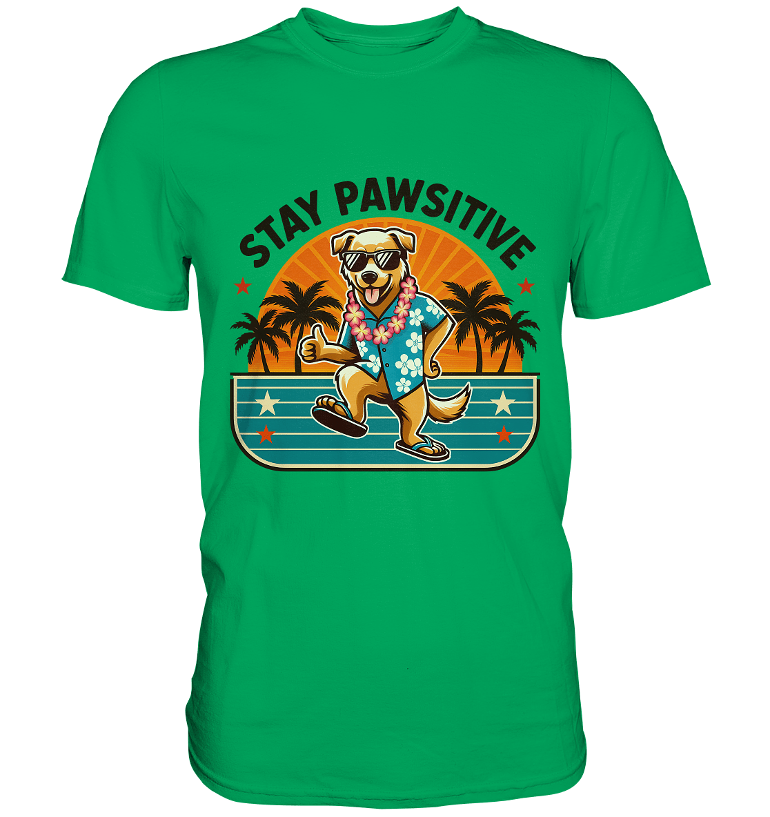 Stay Pawsitive – Lustiges Hundemotiv mit Sonnenbrille, Hawaiihemd und Palmen für gute Laune - Premium Shirt - FaunaFeels Onlineshop Unisex - Shirts