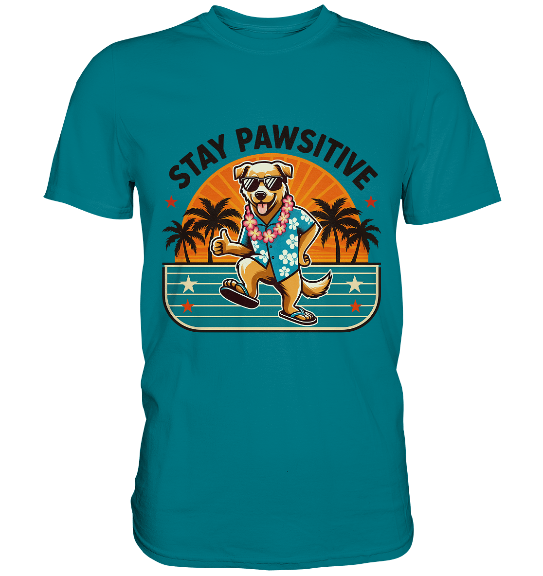 Stay Pawsitive – Lustiges Hundemotiv mit Sonnenbrille, Hawaiihemd und Palmen für gute Laune - Premium Shirt - FaunaFeels Onlineshop Unisex - Shirts