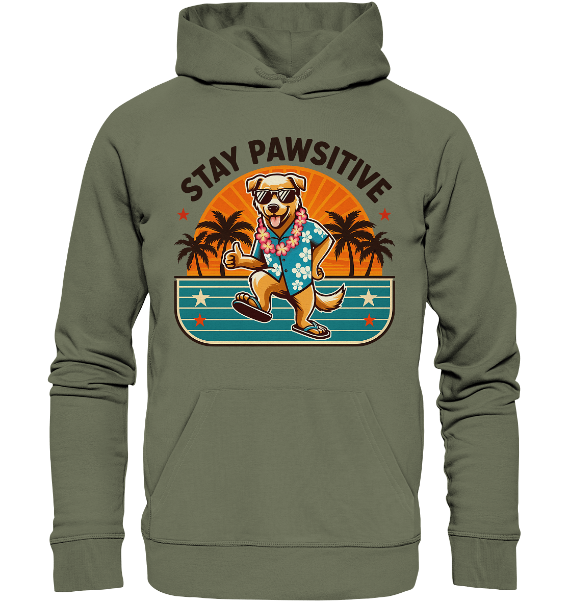Stay Pawsitive – Lustiges Hundemotiv mit Sonnenbrille, Hawaiihemd und Palmen für gute Laune - Premium Unisex Hoodie - FaunaFeels Onlineshop Hoodies