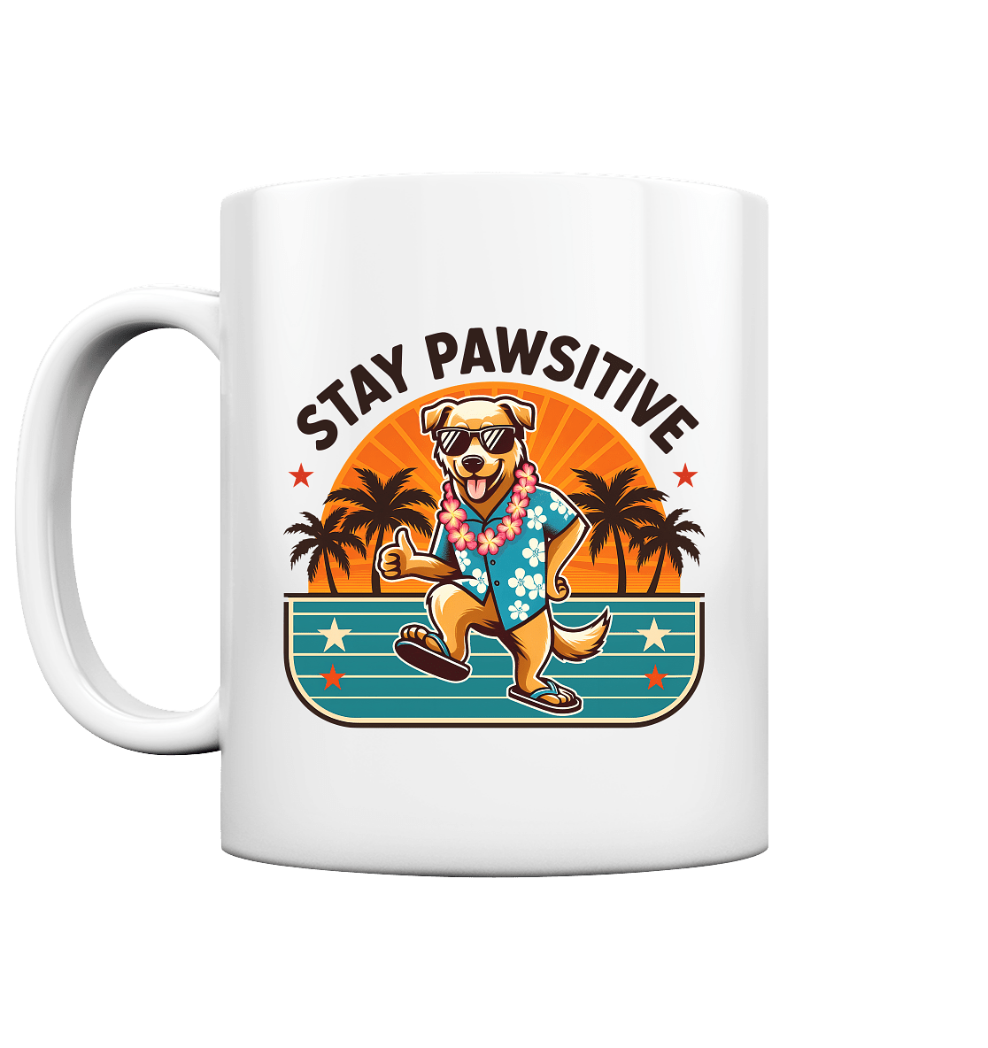 Stay Pawsitive – Lustiges Hundemotiv mit Sonnenbrille, Hawaiihemd und Palmen für gute Laune - Tasse glossy - FaunaFeels Onlineshop Trinkgefäße