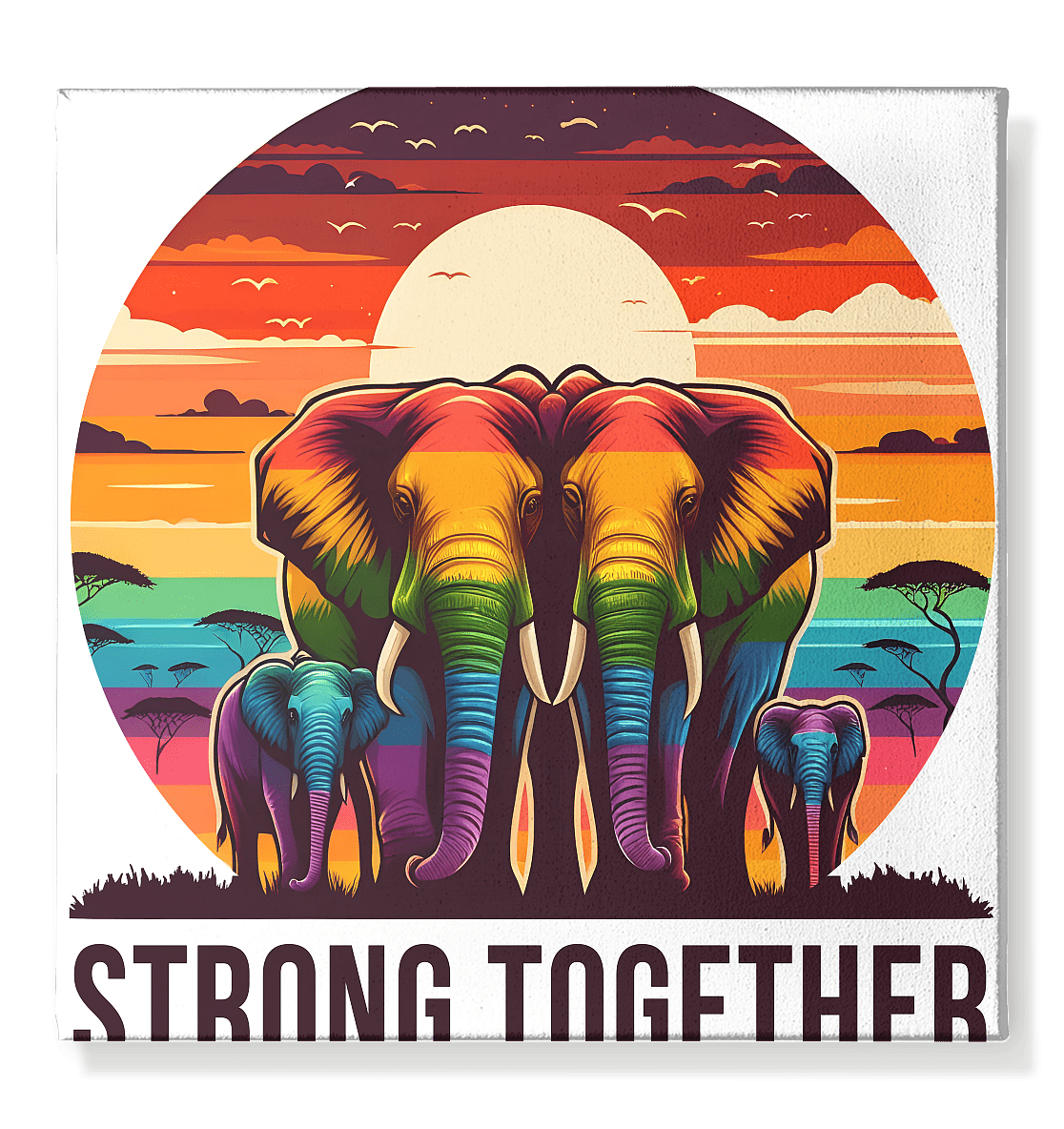 „Strong Together“ – Kraftvolle Regenbogen - Elefanten - Leinwand 50x50cm - FaunaFeels Onlineshop Wall Art
