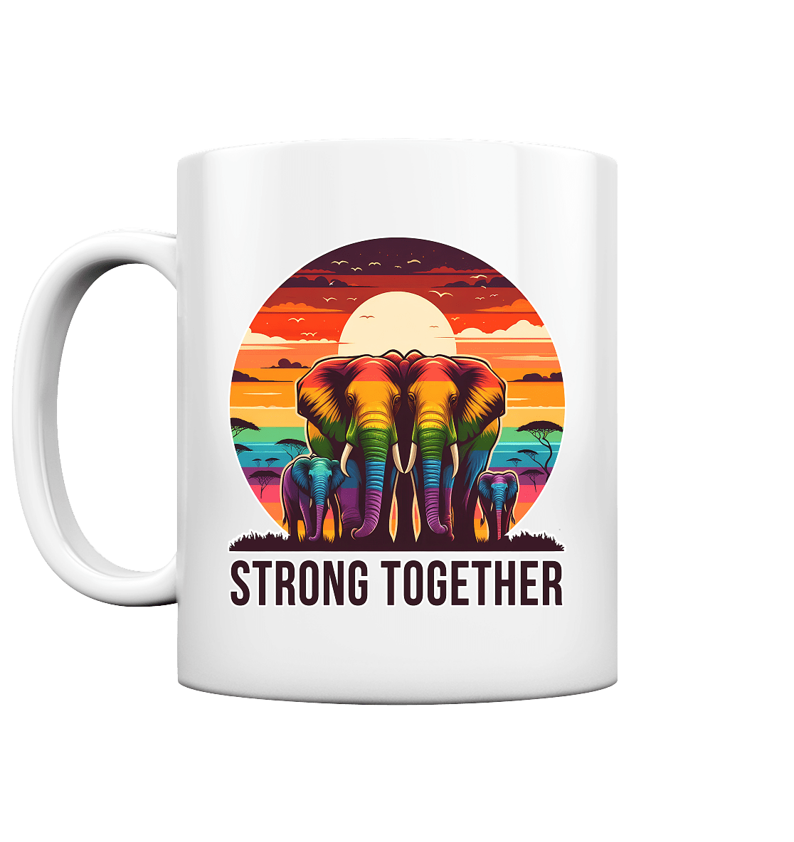Strong Together – Kraftvolle Regenbogen - Elefanten - Tasse glossy - FaunaFeels Onlineshop Trinkgefäße