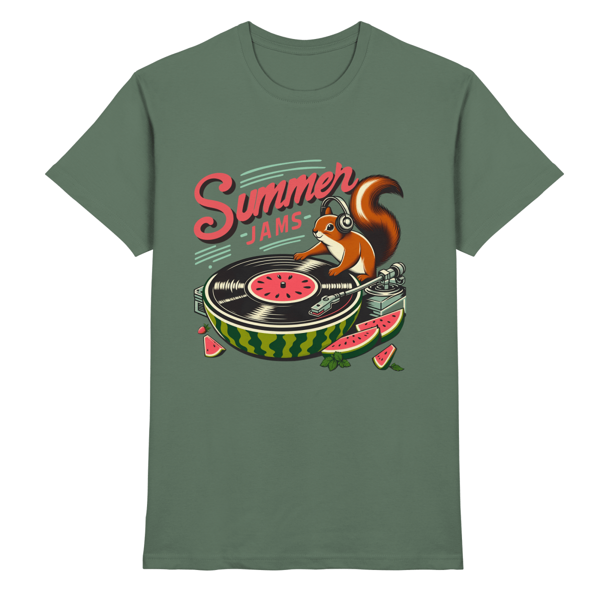 Summer Jams – Lustiges Eichhörnchen DJ Design mit Wassermelonen - Plattenspieler und Sommer - Vibes - Heavy Cotton T-Shirt - FaunaFeels Onlineshop Unisex - Shirts