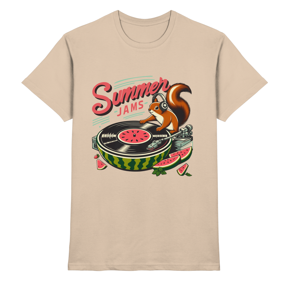Summer Jams – Lustiges Eichhörnchen DJ Design mit Wassermelonen - Plattenspieler und Sommer - Vibes - Heavy Cotton T-Shirt - FaunaFeels Onlineshop Unisex - Shirts