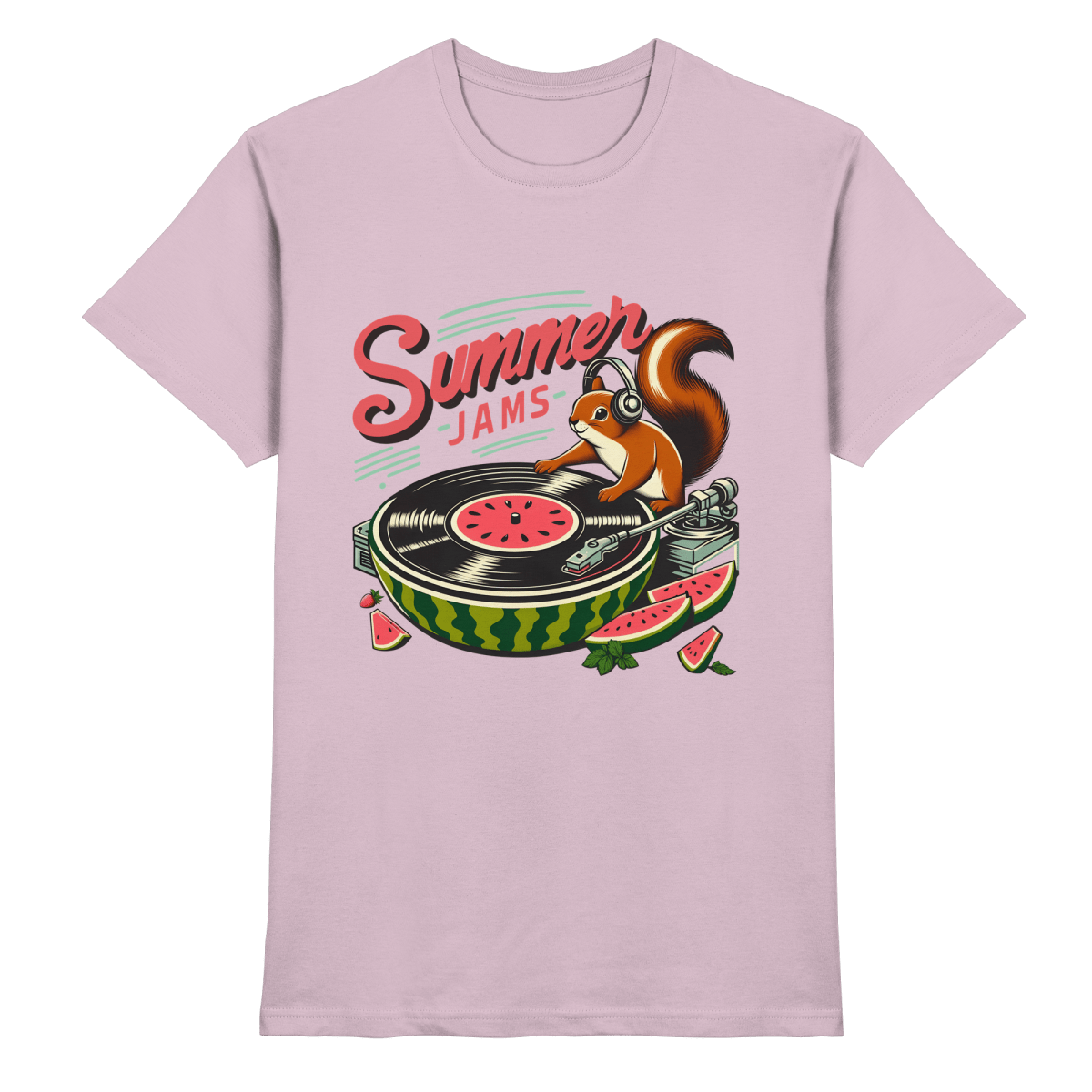 Summer Jams – Lustiges Eichhörnchen DJ Design mit Wassermelonen - Plattenspieler und Sommer - Vibes - Heavy Cotton T-Shirt - FaunaFeels Onlineshop Unisex - Shirts