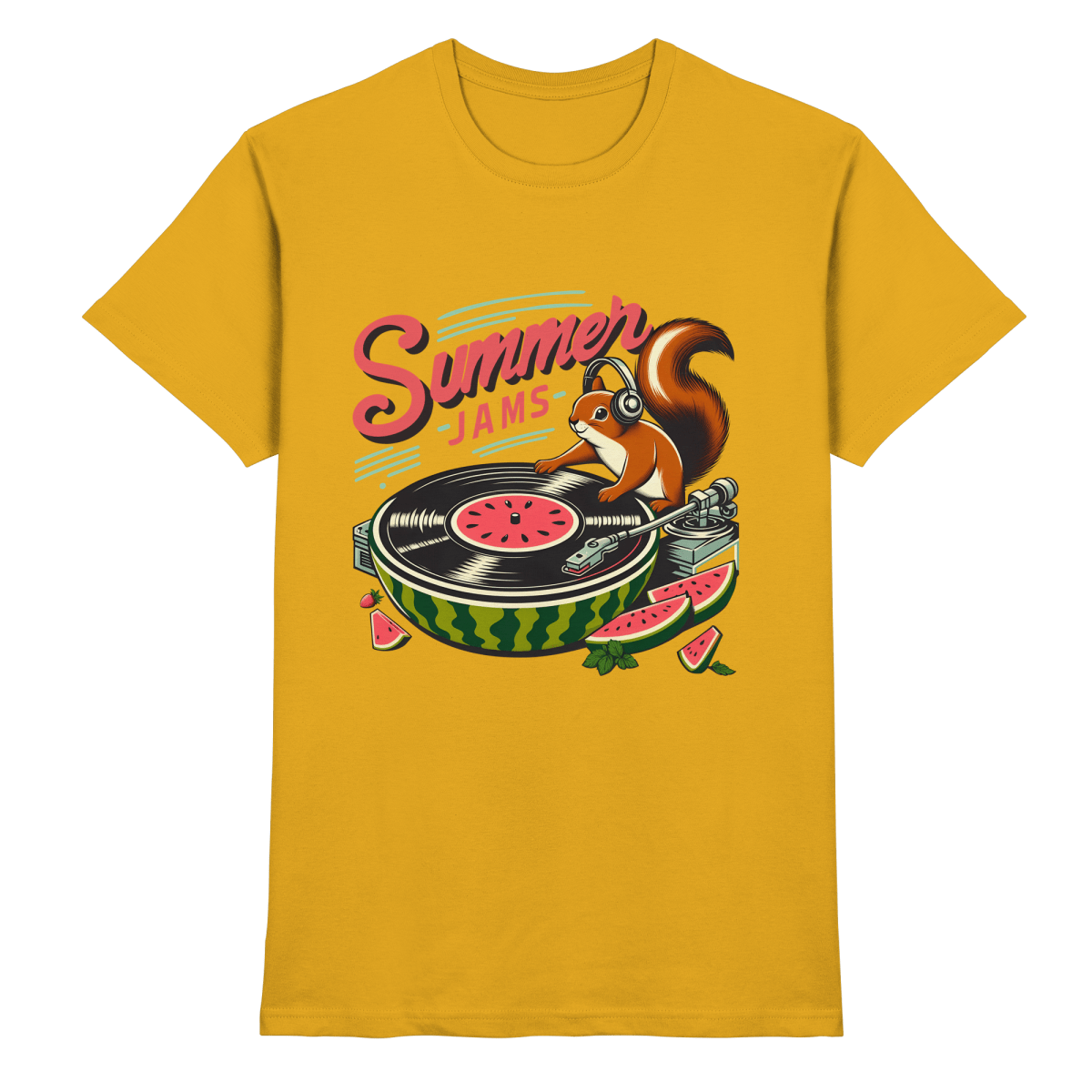 Summer Jams – Lustiges Eichhörnchen DJ Design mit Wassermelonen - Plattenspieler und Sommer - Vibes - Heavy Cotton T-Shirt - FaunaFeels Onlineshop Unisex - Shirts