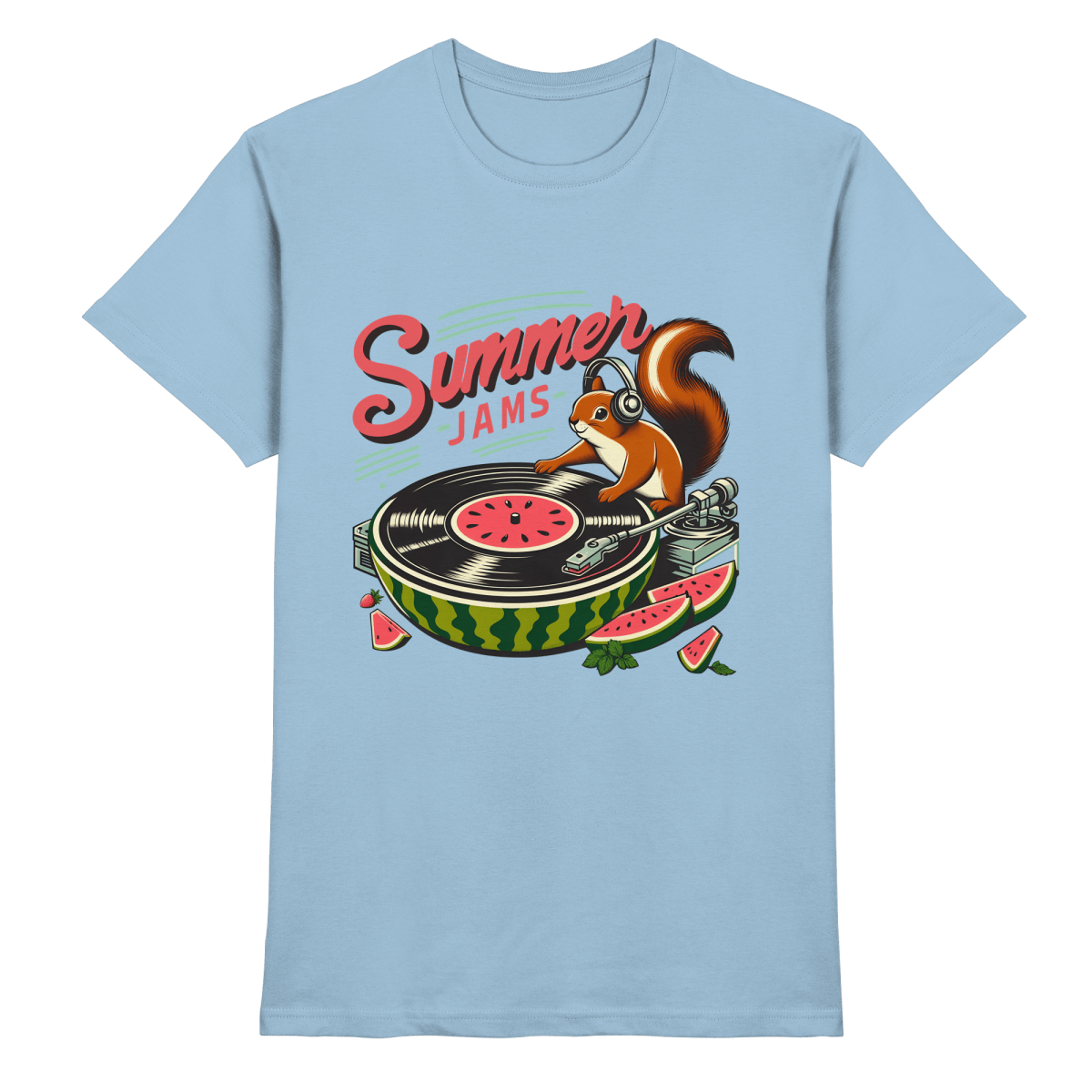Summer Jams – Lustiges Eichhörnchen DJ Design mit Wassermelonen - Plattenspieler und Sommer - Vibes - Heavy Cotton T-Shirt - FaunaFeels Onlineshop Unisex - Shirts
