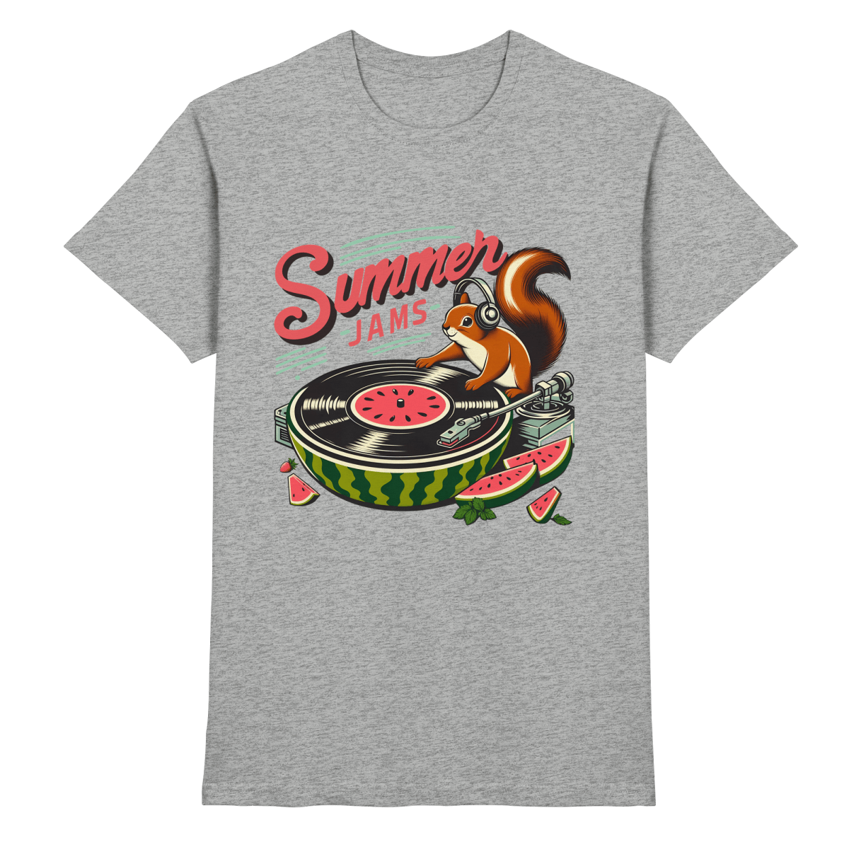 Summer Jams – Lustiges Eichhörnchen DJ Design mit Wassermelonen - Plattenspieler und Sommer - Vibes - Heavy Cotton T-Shirt - FaunaFeels Onlineshop Unisex - Shirts