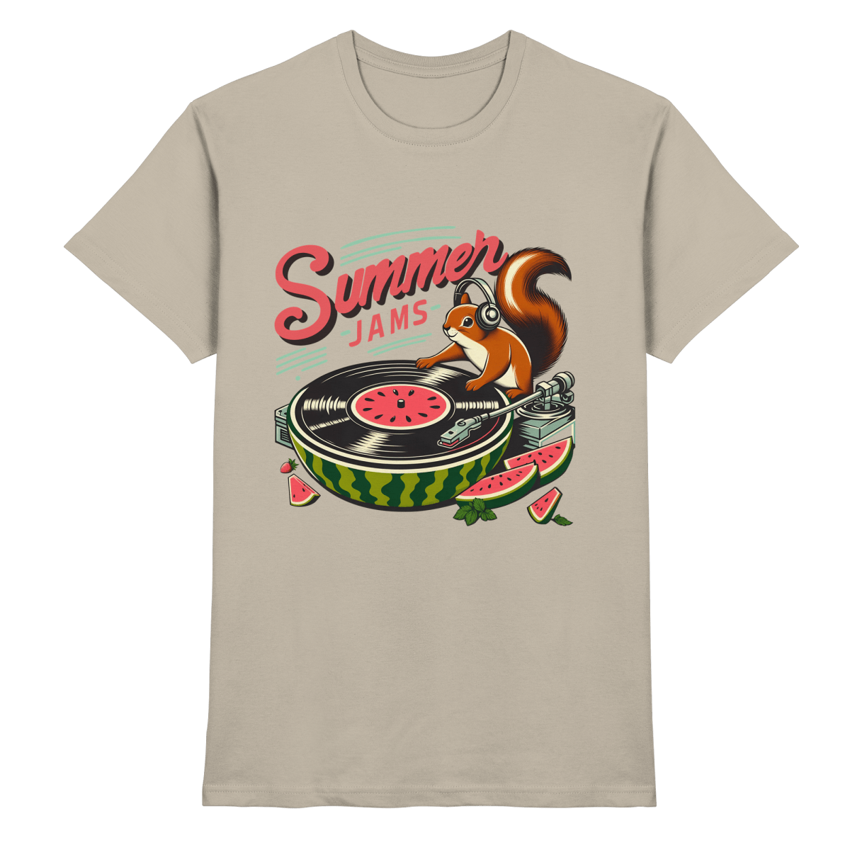 Summer Jams – Lustiges Eichhörnchen DJ Design mit Wassermelonen - Plattenspieler und Sommer - Vibes - Heavy Cotton T-Shirt - FaunaFeels Onlineshop Unisex - Shirts