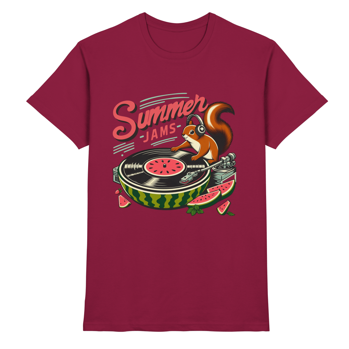 Summer Jams – Lustiges Eichhörnchen DJ Design mit Wassermelonen - Plattenspieler und Sommer - Vibes - Heavy Cotton T-Shirt - FaunaFeels Onlineshop Unisex - Shirts