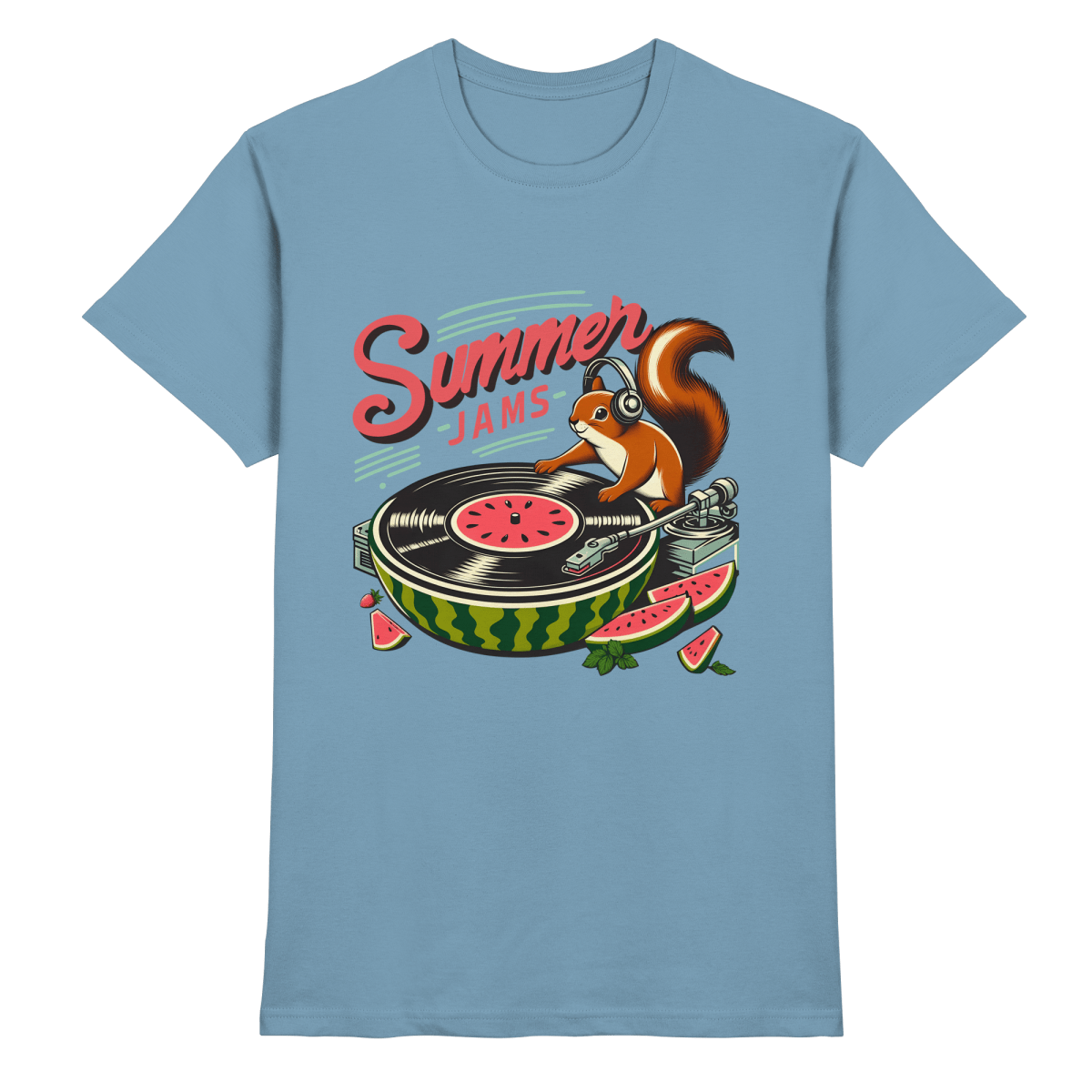 Summer Jams – Lustiges Eichhörnchen DJ Design mit Wassermelonen - Plattenspieler und Sommer - Vibes - Heavy Cotton T-Shirt - FaunaFeels Onlineshop Unisex - Shirts
