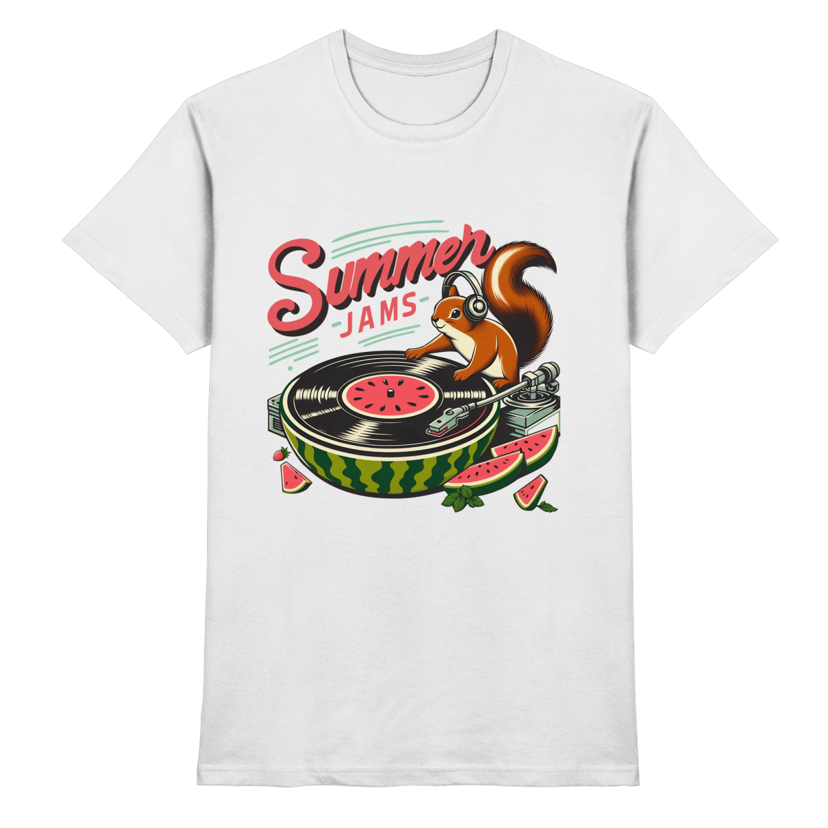 Summer Jams – Lustiges Eichhörnchen DJ Design mit Wassermelonen - Plattenspieler und Sommer - Vibes - Heavy Cotton T-Shirt - FaunaFeels Onlineshop Unisex - Shirts