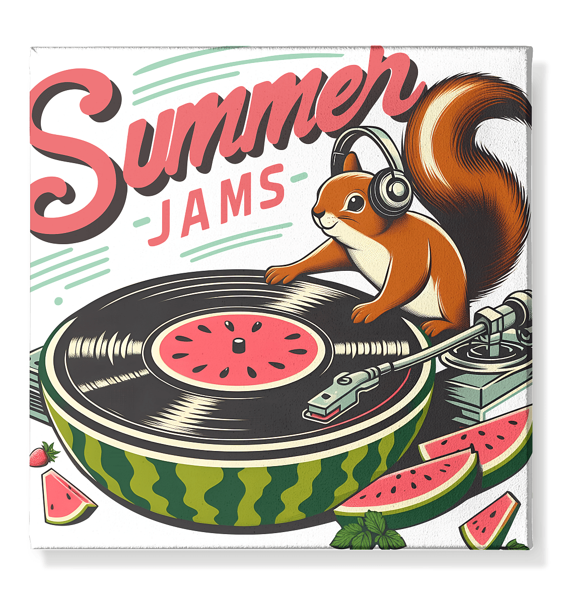 Summer Jams – Lustiges Eichhörnchen DJ Design mit Wassermelonen - Plattenspieler und Sommer - Vibes - Leinwand 50x50cm - FaunaFeels Onlineshop Wall Art
