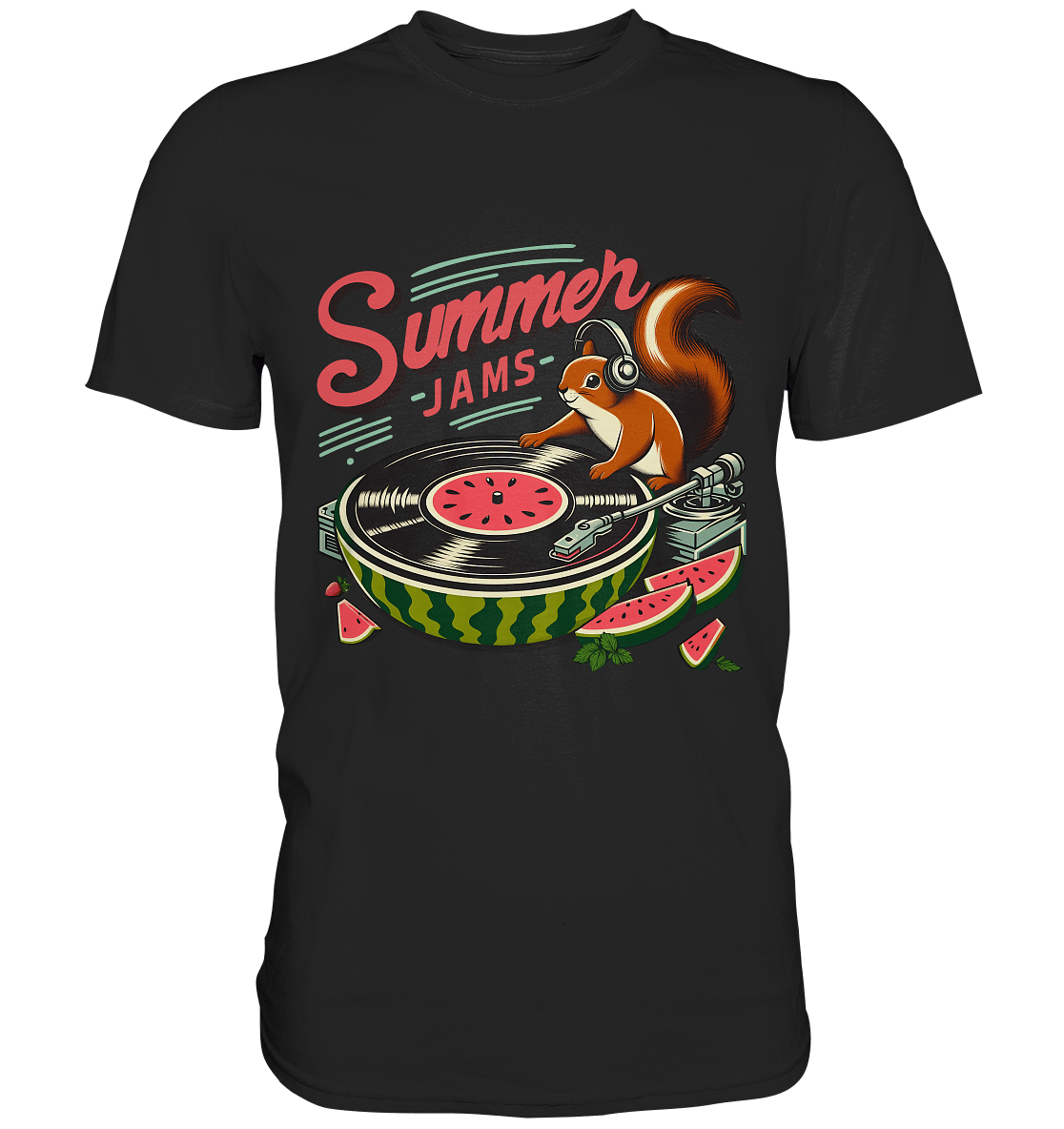 Summer Jams – Lustiges Eichhörnchen DJ Design mit Wassermelonen - Plattenspieler und Sommer - Vibes - Premium Shirt - FaunaFeels Onlineshop Unisex - Shirts