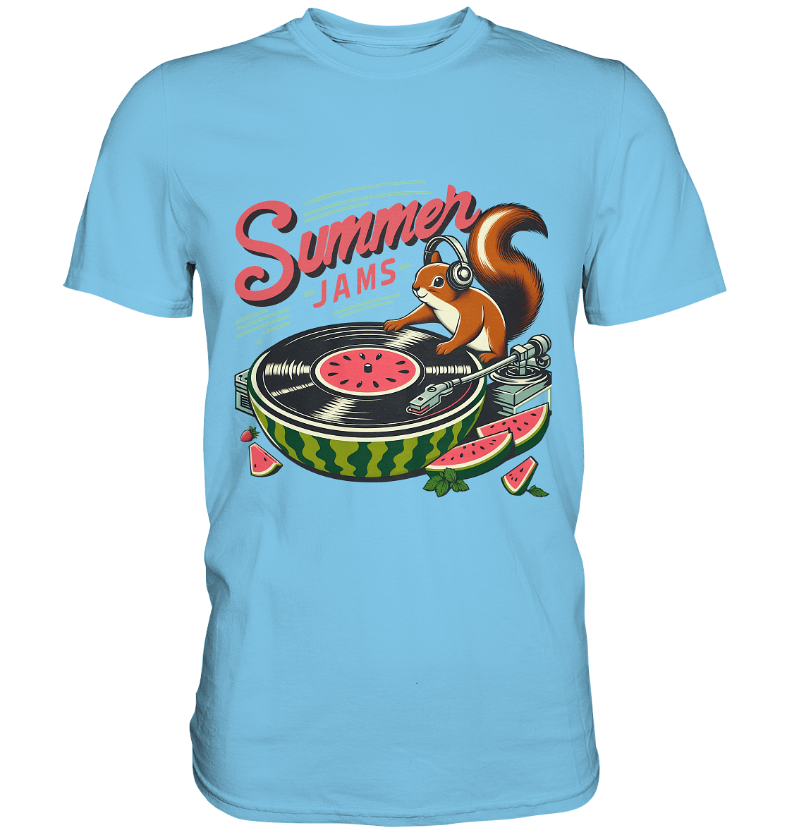 Summer Jams – Lustiges Eichhörnchen DJ Design mit Wassermelonen - Plattenspieler und Sommer - Vibes - Premium Shirt - FaunaFeels Onlineshop Unisex - Shirts