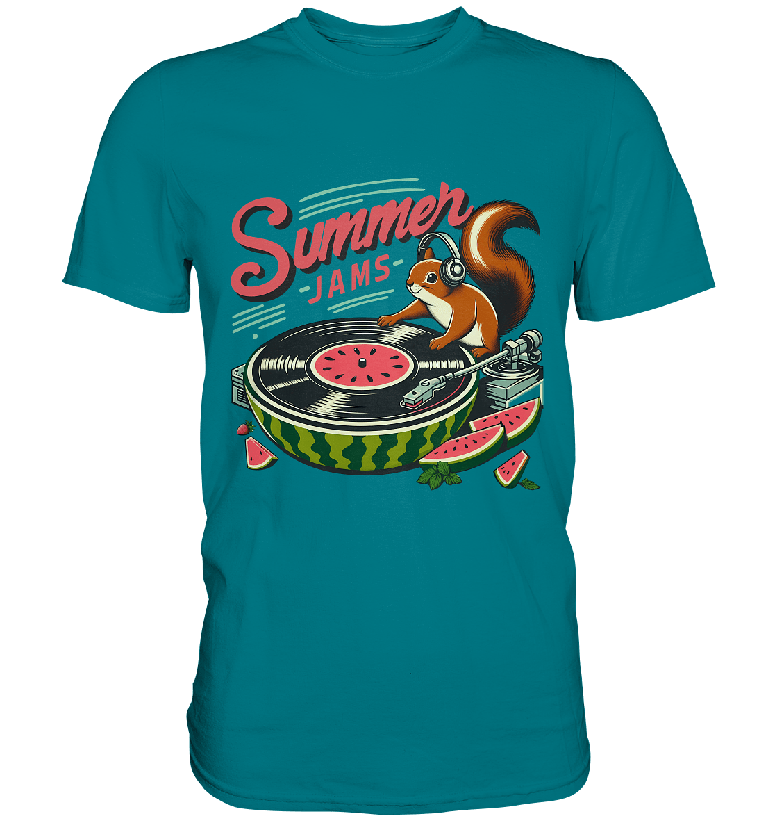 Summer Jams – Lustiges Eichhörnchen DJ Design mit Wassermelonen - Plattenspieler und Sommer - Vibes - Premium Shirt - FaunaFeels Onlineshop Unisex - Shirts