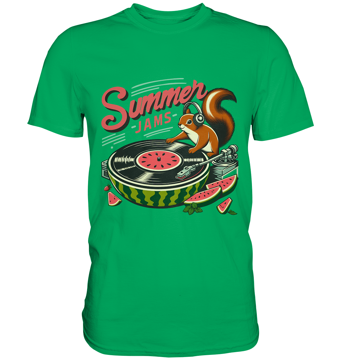 Summer Jams – Lustiges Eichhörnchen DJ Design mit Wassermelonen - Plattenspieler und Sommer - Vibes - Premium Shirt - FaunaFeels Onlineshop Unisex - Shirts