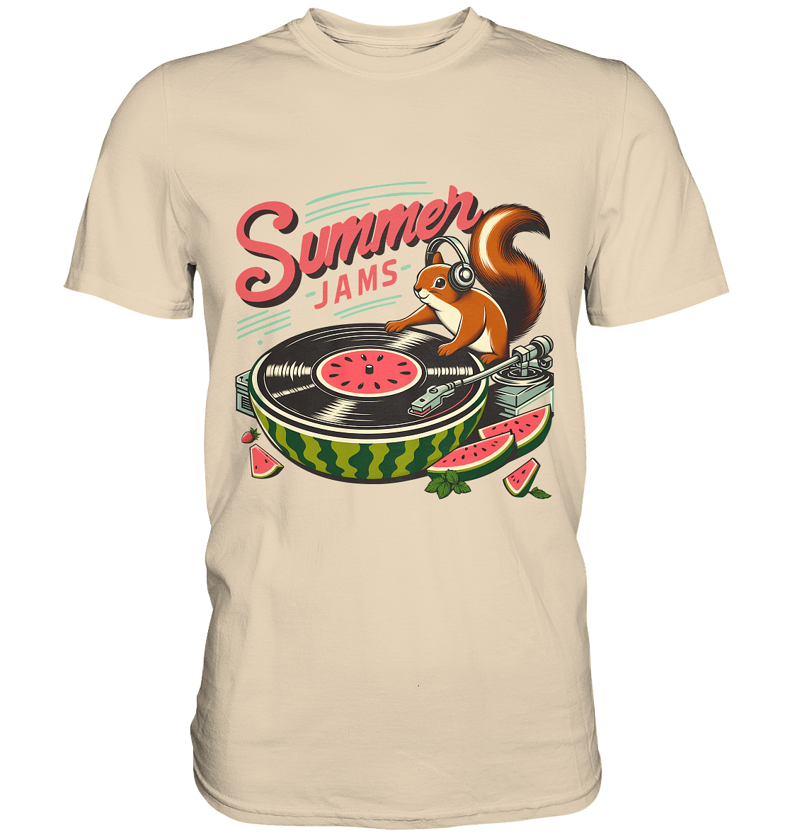 Summer Jams – Lustiges Eichhörnchen DJ Design mit Wassermelonen - Plattenspieler und Sommer - Vibes - Premium Shirt - FaunaFeels Onlineshop Unisex - Shirts