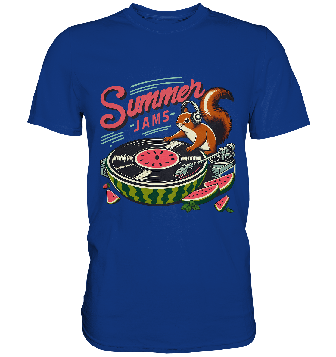Summer Jams – Lustiges Eichhörnchen DJ Design mit Wassermelonen - Plattenspieler und Sommer - Vibes - Premium Shirt - FaunaFeels Onlineshop Unisex - Shirts