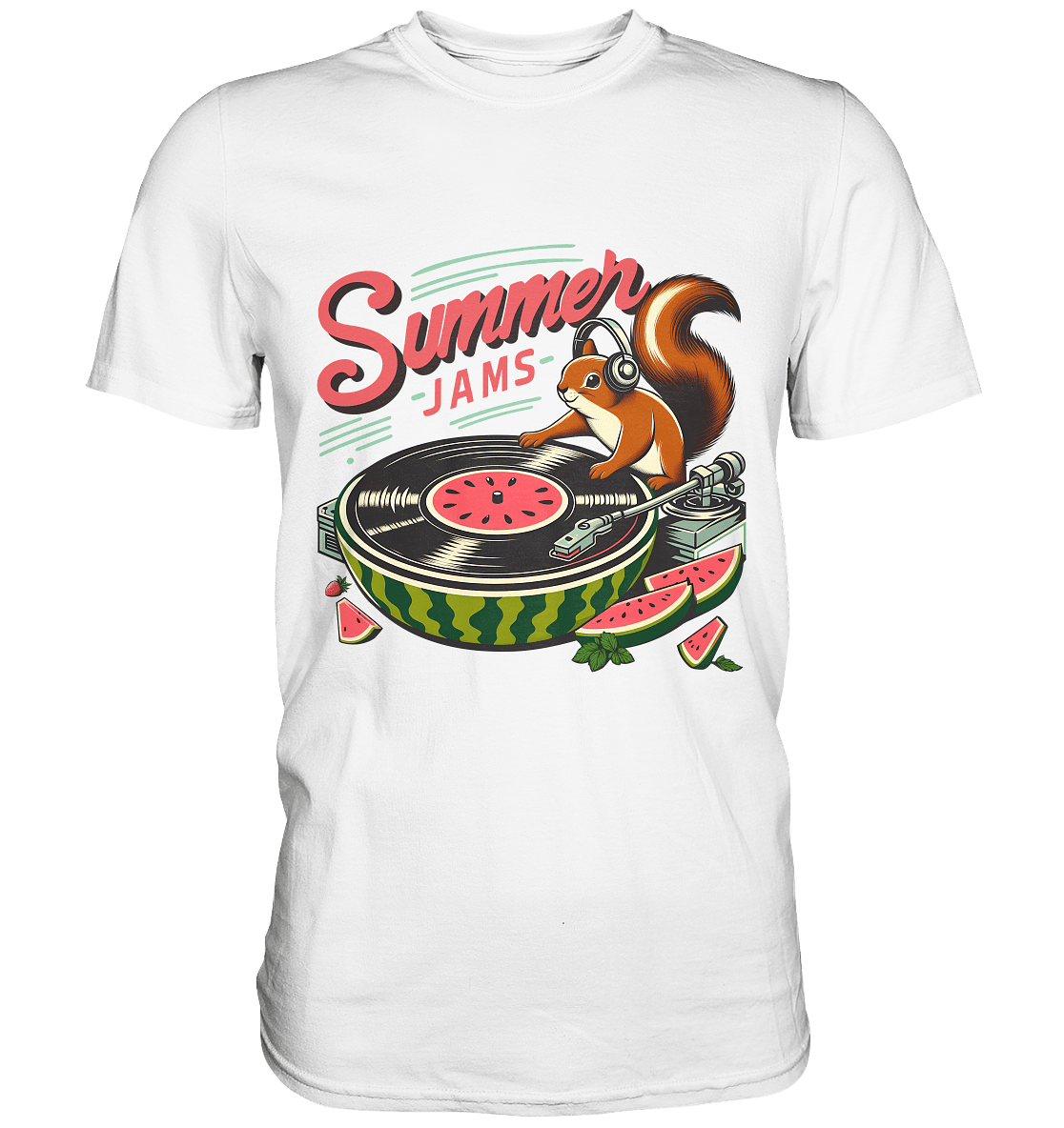 Summer Jams – Lustiges Eichhörnchen DJ Design mit Wassermelonen - Plattenspieler und Sommer - Vibes - Premium Shirt - FaunaFeels Onlineshop Unisex - Shirts