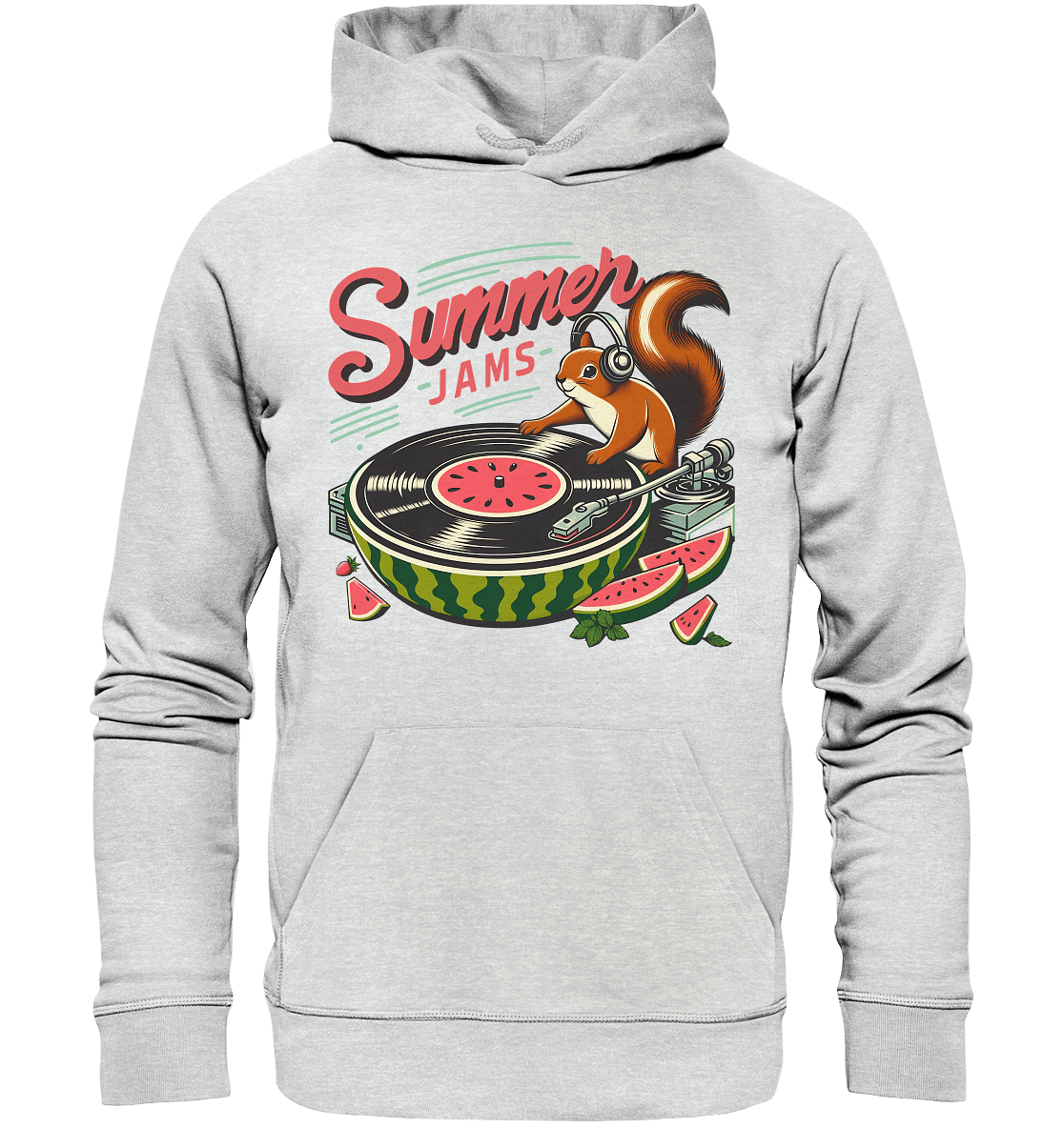 Summer Jams – Lustiges Eichhörnchen DJ Design mit Wassermelonen - Plattenspieler und Sommer - Vibes - Premium Unisex Hoodie - FaunaFeels Onlineshop Hoodies